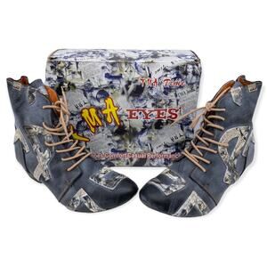 TMA EYES  Distressed Newsprint Layered Leather Heeled Ankle Boots Women's size 9